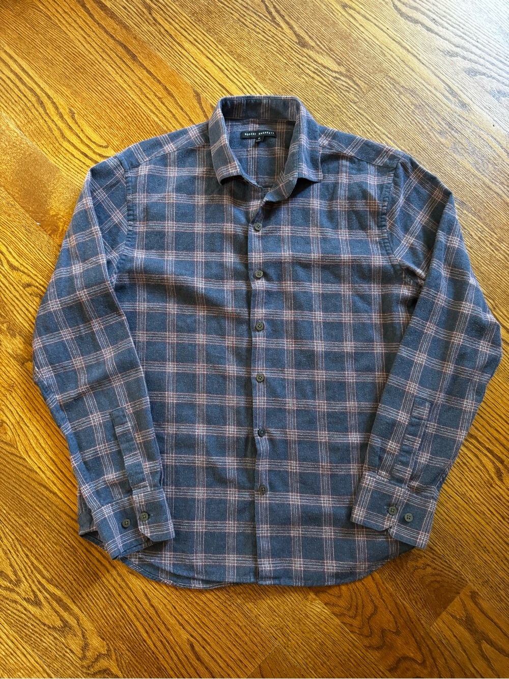 Robert Barakett Men’s M Navy Burgundy Plaid Cotton Blend Button Down